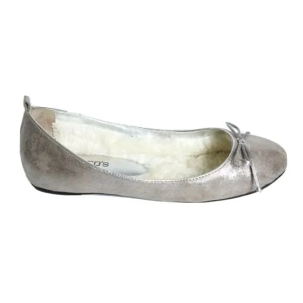 Chico's Glitter Faux Fur Lined Bow Front Flats Silver 9.5